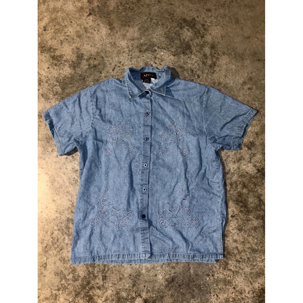 Vintage AFIVA Shirt Womens Medium Blue Cotton Embroidered Floral Button Up